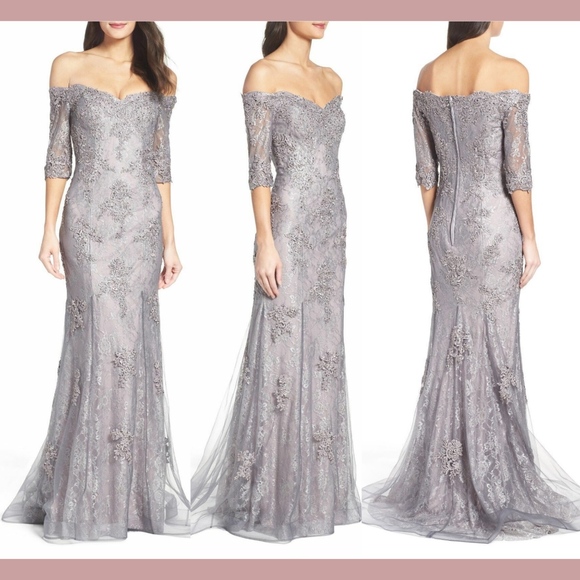 la femme off the shoulder lace gown